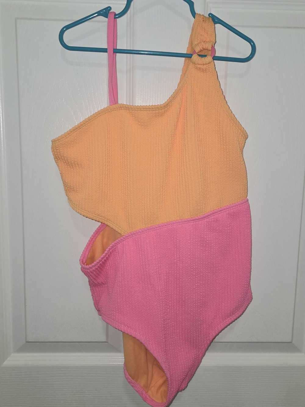 Wonder Nation Girls Colorblock One Piece Swimsuit Pink Orange L (10-12) UPF 50+.
